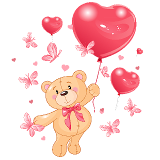a teddy with heart balloons